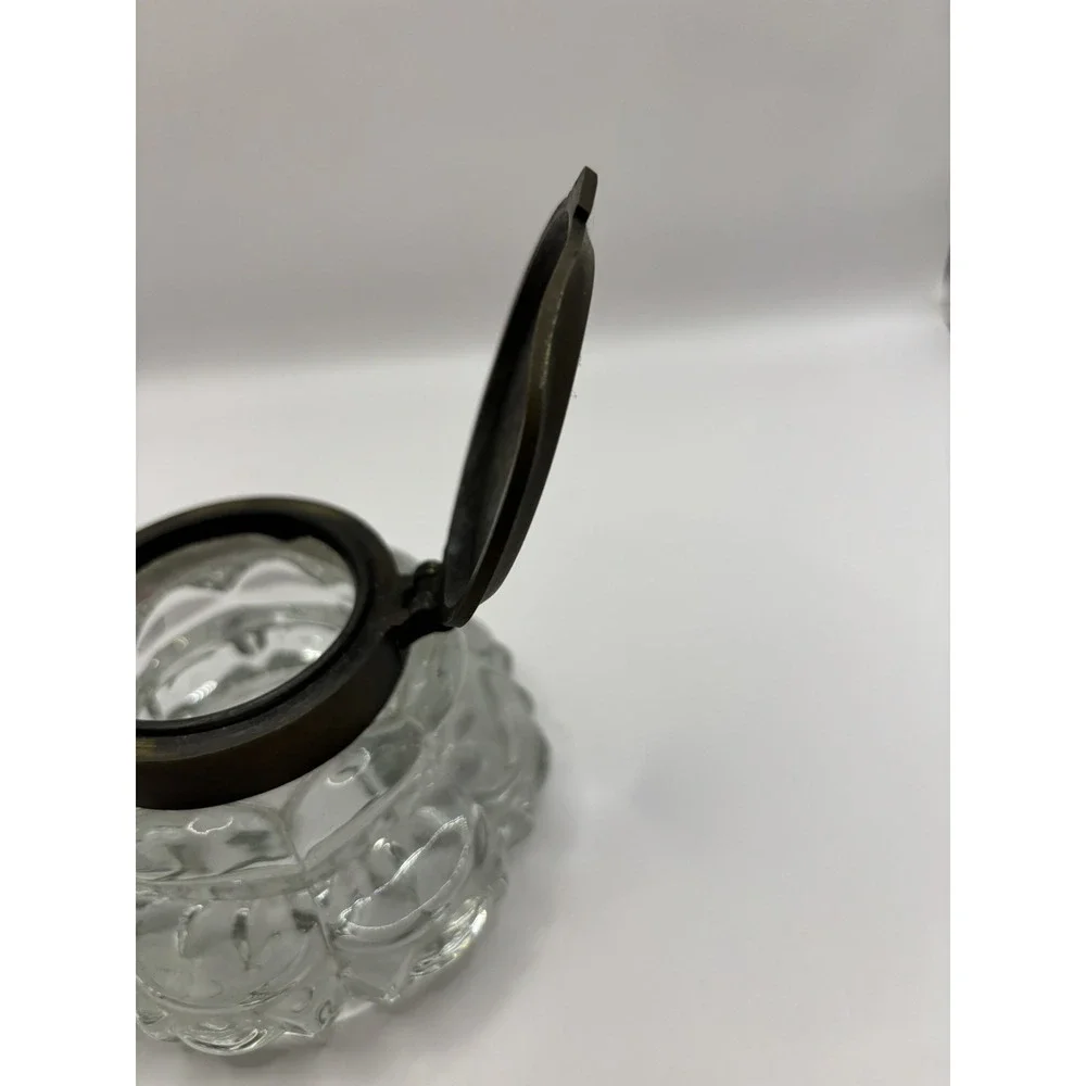 Vintage Antique Inkwell‎ Crystal Glass Brass Lid Old Money GrandpaCore